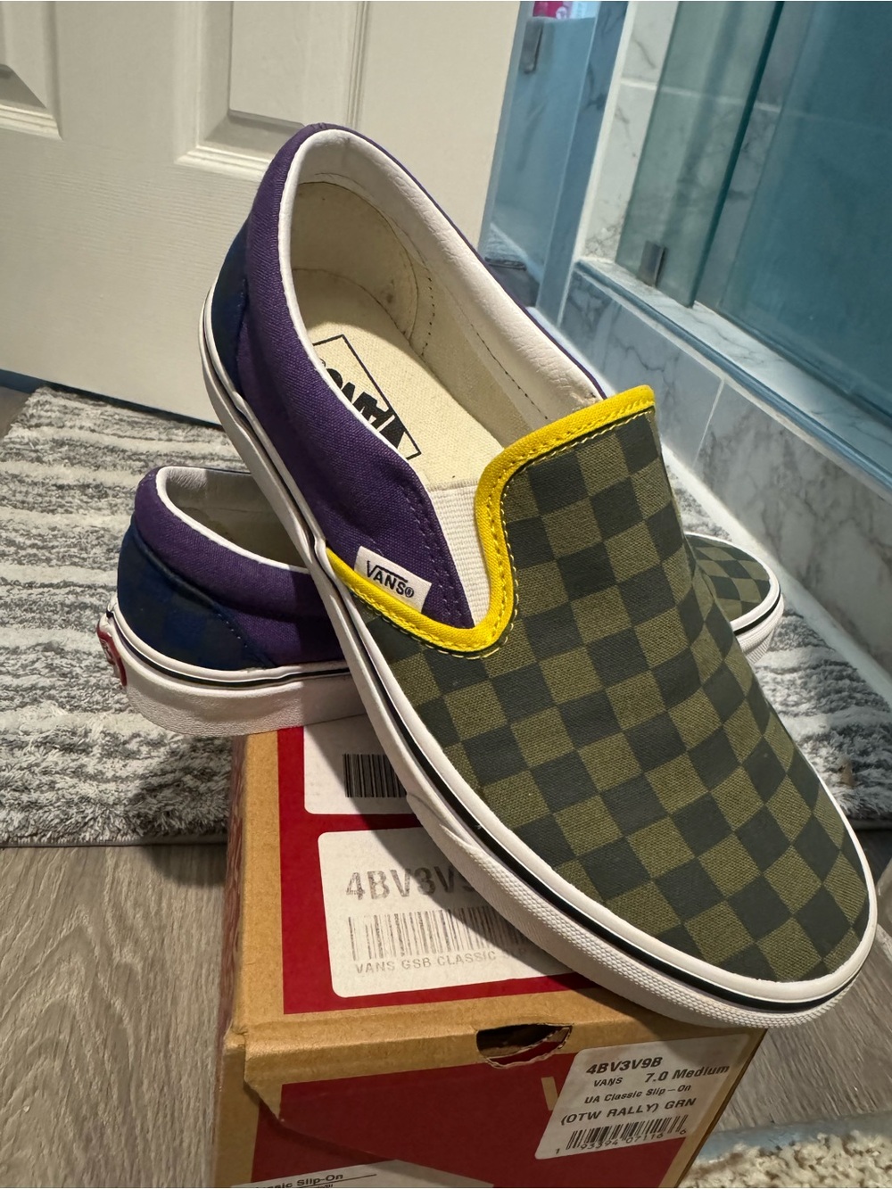 Vans OTW RALLY Slip-On Checkerboard Sneakers - Olive, Yellow & Purple - Picture 2 of 5